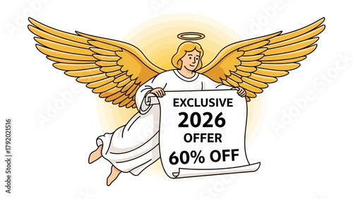 Angel Offer: A heavenly angel, complete with wings and halo, presents an exclusive 60% off offer for 2026. The scene evokes a sense of divine assistance for financial savings.