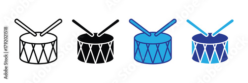 Drum icon set with drumsticks, various styles, outline and solid, musical instrument isolated on white background