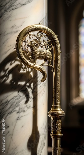 Ornate Crozier with Lamb of God Symbol in Church Interior.