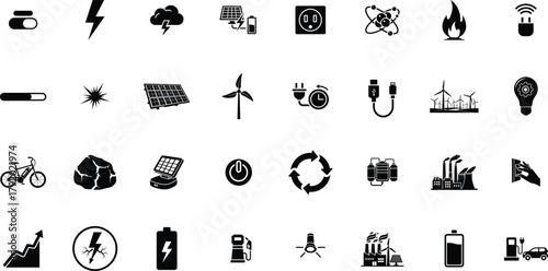 Energy icon set. Including Solar, Wind, Renewable, Battery, Green, Sustainable, Eco, Thermal, Hydro, Conservation. vector illustration