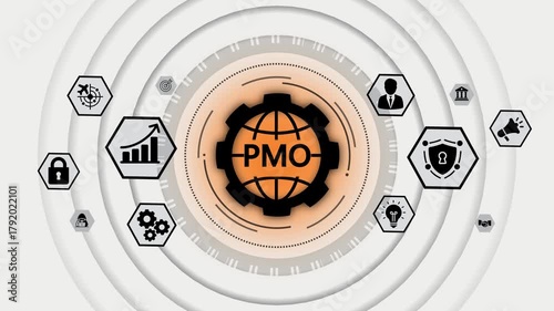 Project Management Office P M O global strategy planning business operations optimization workflow efficiency and corporate success icons