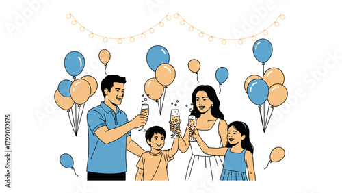 Joyful Family Celebration: A happy family joyfully celebrates with champagne cheers amidst a festive atmosphere adorned with balloons and lights, embodying the spirit of togetherness and happiness.