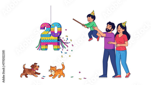 Celebratory Moment: Capturing the sweet innocence of childhood and the joy of togetherness, a young child, held aloft by his father, prepares to strike a colorful piñata at a festive celebration.