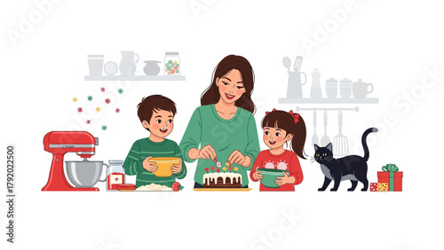 Sweet Family Moments: A mother and her children find joy in baking, crafting a cake in a warmly lit kitchen. Alongside them, a black cat adds to the cozy scene of togetherness and culinary delight.