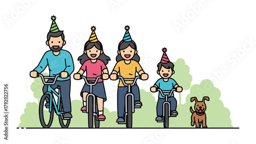 Joyful Bike Ride: An animated family pedals along a sun-dappled path, their faces alight with happiness as they ride bicycles, accompanied by a playful canine companion.