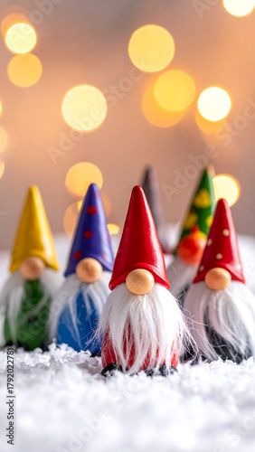Close-up of six colorful festive figurines arranged on a snowy surface against a bokeh background of warm lights