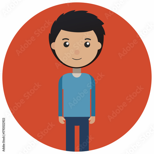 Cartoon boy with black hair and blue shirt standing in circle