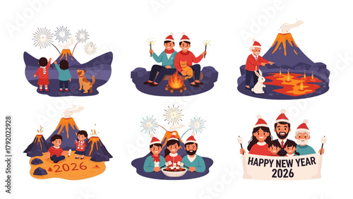 New Year Celebration at Volcano: A compilation of illustrations showcasing families and friends gathered around a volcano celebrating New Year with fireworks. 