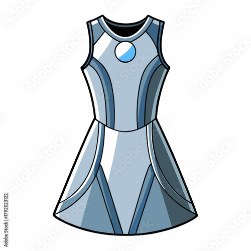 Canvas Print Stylized futuristic silver and blue sleeveless dress with a circular emblem