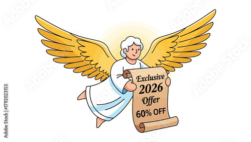 Exclusive Offer Illustration: An angelic figure with golden wings presents an exclusive offer scroll, offering a special deal for the year 2026.