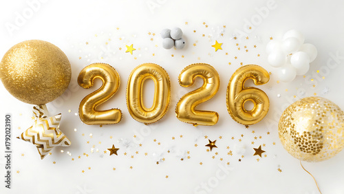 Golden 2026 balloons and confetti