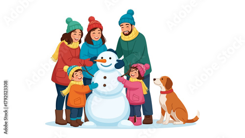 Winter's Embrace: A joyful family builds a snowman together in the snowy landscape. Embracing the warmth of togetherness and creating timeless memories.