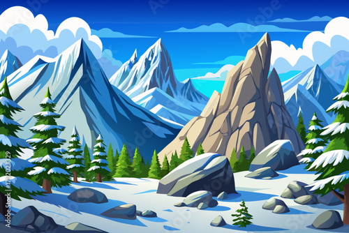 White snow covering a mountain valley scattered with massive granite rocks and tall pine trees under blue sky