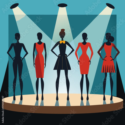 Fashion models on a runway under spotlights showcasing dresses