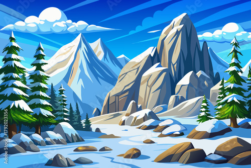 White snow covering a mountain valley scattered with massive granite rocks and tall pine trees under blue sky