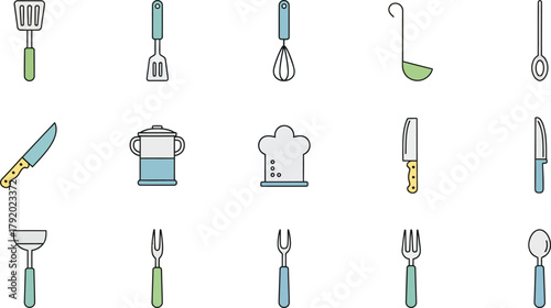 Collection of vector kitchen tools and cutlery set illustration with black metal design icon