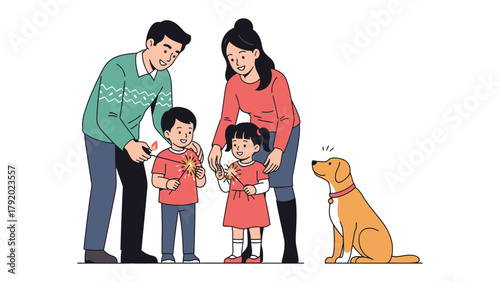 Family Moment: A happy family enjoys quality time, with the children holding a flower and a friendly dog looking up at them. Capture the joy of the simple joys in life.