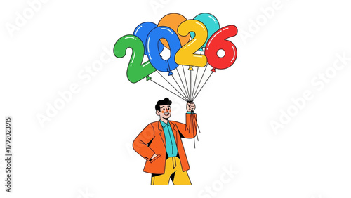 Optimistic Outlook: A vibrant illustration showcasing an individual joyfully holding balloons shaped as the number 2026, symbolizing a cheerful anticipation for the coming years.