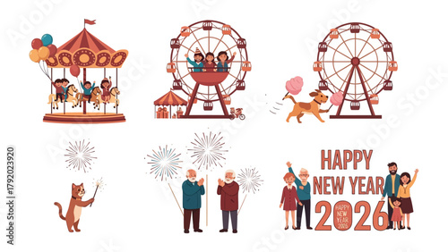 Celebration of fun in the park: This image presents a series of lively scenes set in a park. Colorful carousel, Ferris wheels, a dog, the joyful family.