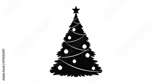 Silhouette of a decorated christmas tree with ornaments and a star topper on a white background