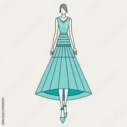 Fashion illustration of a woman in a flowing teal dress and heels