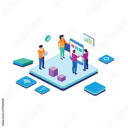 3d isometric illustration of a diverse mobile app development team collaborating around a digital interface showcasing teamwork and innovation