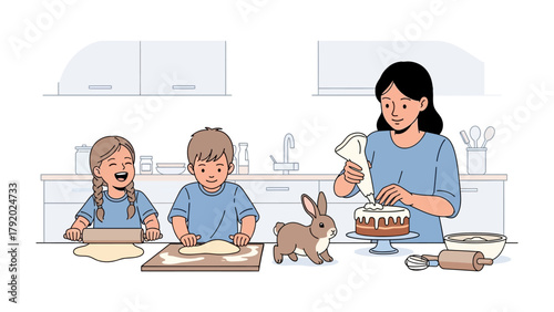 Sweet Baking Time: A heartwarming moment unfolds in the kitchen as a mother and her children joyfully bake a cake together, creating memories and sweet treats.