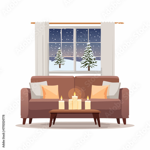 Cozy winter log cabin surrounded by snow-covered evergreen trees under a warm sunset sky, evoking a feeling of peace and tranquility in a picturesque natural landscape illustration
