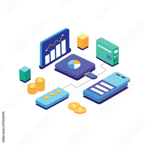 3d isometric digital finance scene with coins and abstract elements