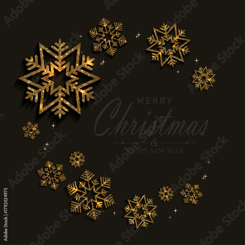 Merry Christmas 2026. Isolated wreath with golden exquisite snowflakes.