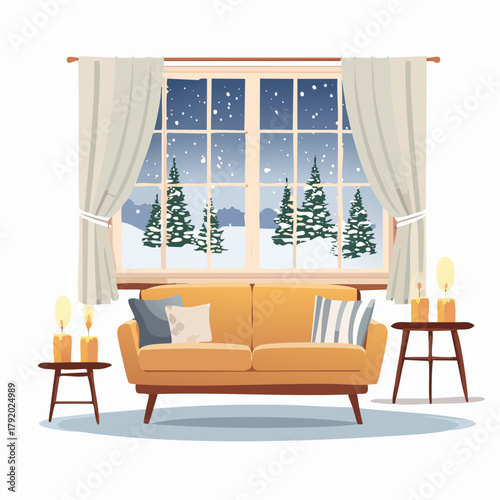 Cozy winter log cabin surrounded by snow-covered evergreen trees under a warm sunset sky, evoking a feeling of peace and tranquility in a picturesque natural landscape illustration