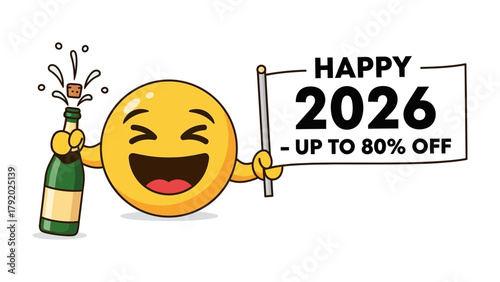 Cheerful Emoji Celebrates: A celebratory emoji joyfully pops a champagne bottle and holds a sign, advertising a new year sale with significant discounts. 