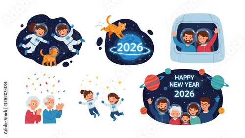 2026 Space-Themed New Year: A futuristic and whimsical illustration, anticipating the year 2026 with a family immersed in a space-themed celebration. Featuring astronauts, planets.