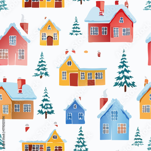 Cozy winter log cabin surrounded by snow-covered evergreen trees under a warm sunset sky, evoking a feeling of peace and tranquility in a picturesque natural landscape illustration