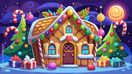 A whimsical gingerbread house adorned with colorful candy, icing details, and glowing fairy lights, surrounded by festive decorations and a soft Christmas glow in the background