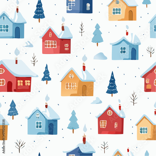 Cozy winter log cabin surrounded by snow-covered evergreen trees under a warm sunset sky, evoking a feeling of peace and tranquility in a picturesque natural landscape illustration