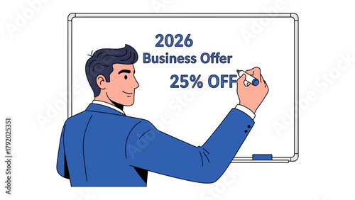 Business Offer Announcement: A forward-thinking individual in a professional suit meticulously crafts the details of a 2026 business offer on a whiteboard. With an air of expertise.
