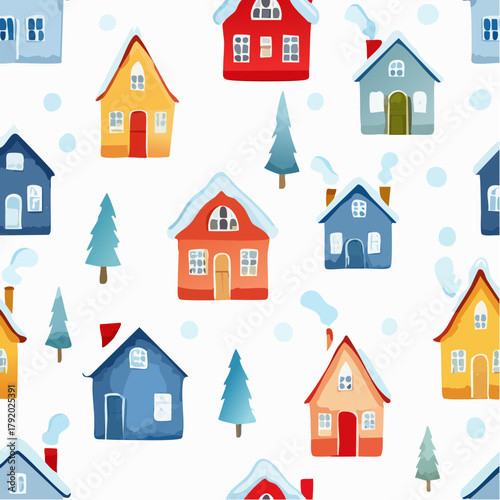 Cozy winter log cabin surrounded by snow-covered evergreen trees under a warm sunset sky, evoking a feeling of peace and tranquility in a picturesque natural landscape illustration