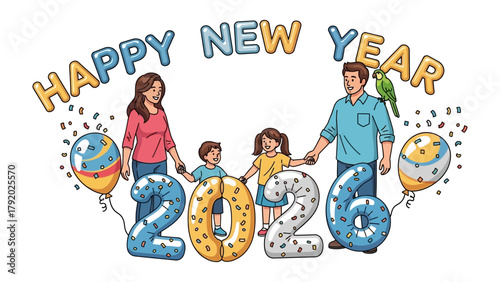 Happy New Year 2026 Celebration: A warm family stands joyfully, hand in hand, ready to welcome 2026, surrounded by colorful balloons, embracing a year of love, unity, and hope. 