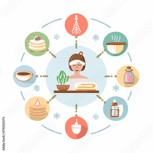 Cozy winter log cabin surrounded by snow-covered evergreen trees under a warm sunset sky, evoking a feeling of peace and tranquility in a picturesque natural landscape illustration