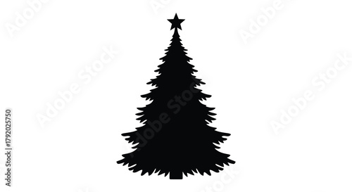 Silhouette of a tall decorated christmas tree with a star on top against a white background