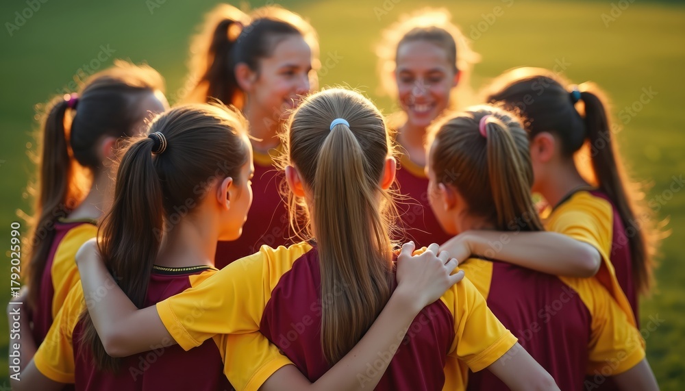 Fototapeta premium Young girls soccer team huddles together, arms around shoulders, ready for game. Players talk strategy before match, showing unity and teamwork on field during warm glow of sunset.