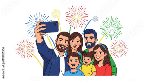 Joyful Family Selfie Amidst Fireworks: A cheerful family captures a special moment through a selfie, vibrant fireworks adding a festive touch to their joyful celebration.