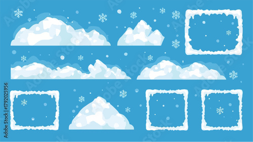 A collection of winter-themed vector illustrations featuring clouds, snowflakes, and icy frames on a vibrant blue background, perfect for design.