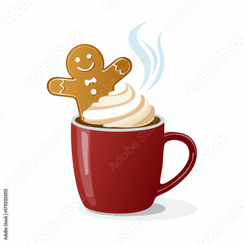 Festive Gingerbread Man Cookie Floating on Whipped Cream Topped Hot Chocolate in a Red Mug, Christmas Holiday Beverage