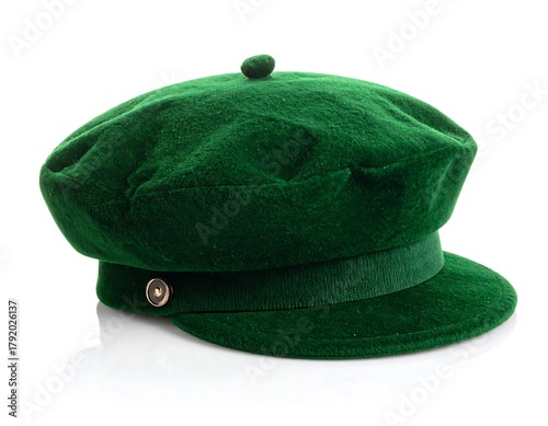 Deep green wool hat with a short brim and button detail
