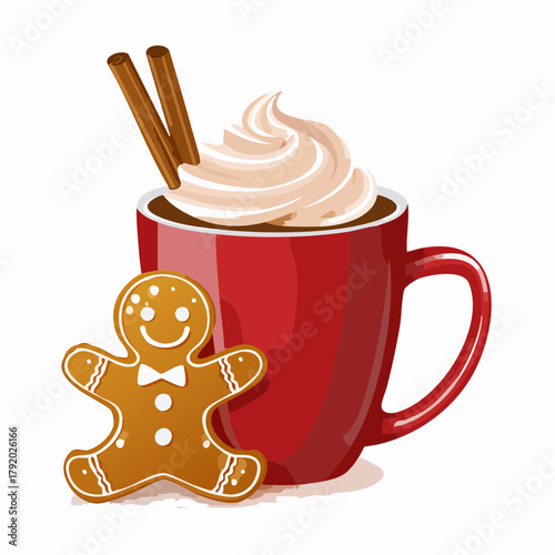 Cozy Christmas beverage and treat Red mug of hot chocolate with whipped cream, cinnamon sticks, and a gingerbread man cookie