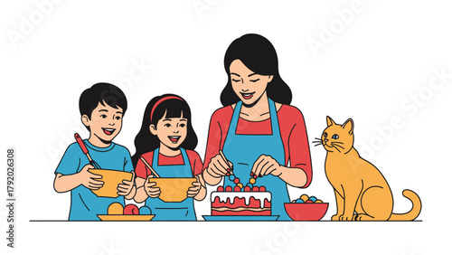 Baking Joyful Moment: A heartwarming scene unfolds as a mother and her children collaborate in the kitchen, crafting a delectable cake with a cute cat observing. 