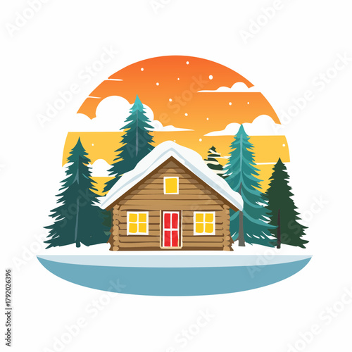 Cozy winter log cabin surrounded by snow-covered evergreen trees under a warm sunset sky, evoking a feeling of peace and tranquility in a picturesque natural landscape illustration