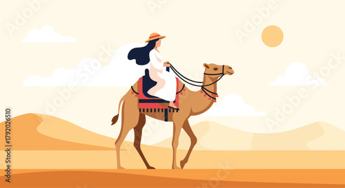 Serene desert adventure awaits with a woman riding a camel through the dunes under a warm sun, perfect for travel and cultural themes